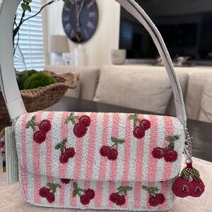 🍒 Beaded Cherry Shoulder Bag ~ Pink Stripe Summer Statement ~ NWT